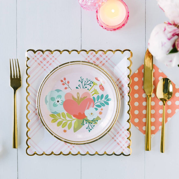 Pink Plaid Scalloped Dinner Paper Plates