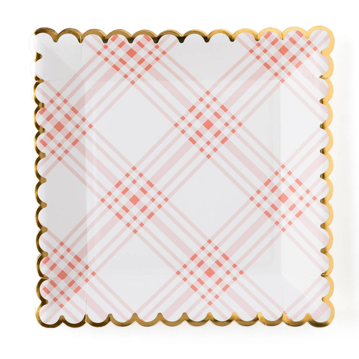 Pink Plaid Scalloped Dinner Paper Plates