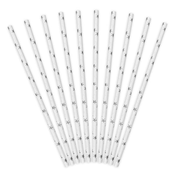 White with Silver Stars Paper Straws