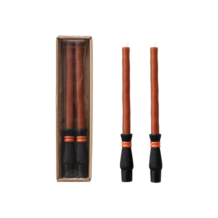 Unscented Witch Broom Shaped Taper Candles in Box, Orange Color & Black