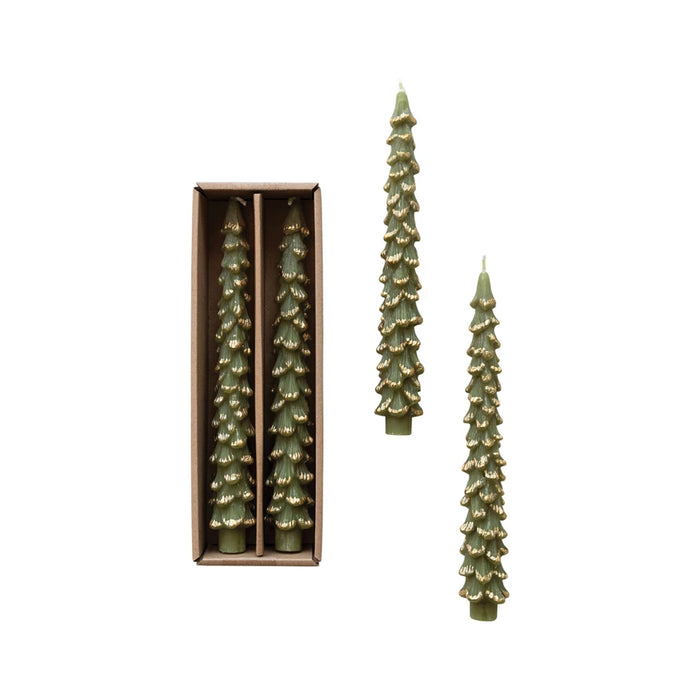 Evergreen Unscented Tree Shaped Taper Candles w/ Gold Tips