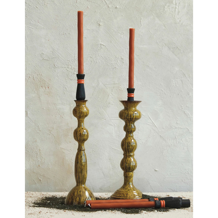 Unscented Witch Broom Shaped Taper Candles in Box, Orange Color & Black