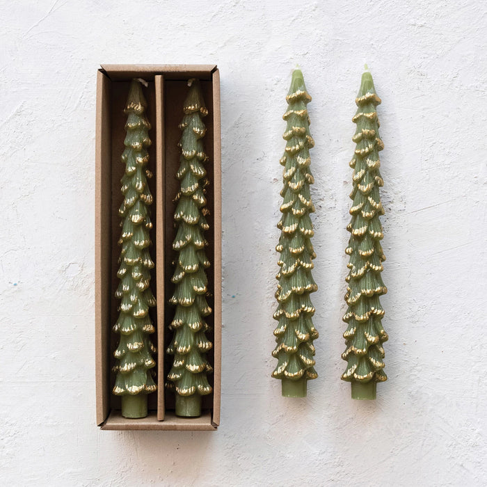 Evergreen Unscented Tree Shaped Taper Candles w/ Gold Tips