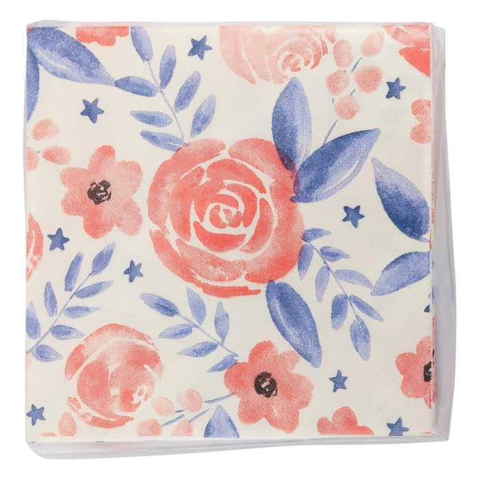 Red and Blue Watercolor Floral Paper Cocktail Napkin
