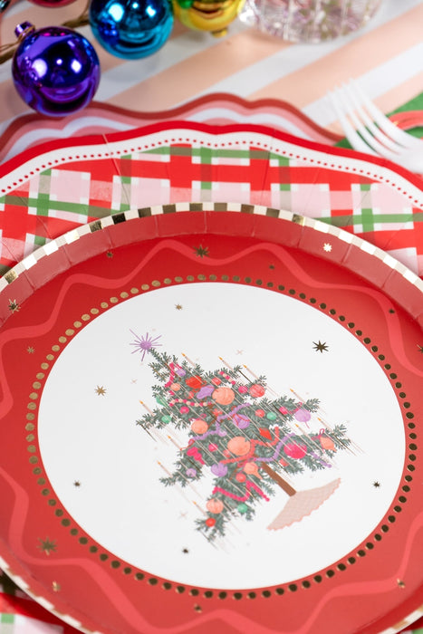 Red Vintage Christmas Tree Dessert Plates