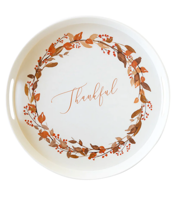 Thankful Wreath Reusable Bamboo Round Serving Tray