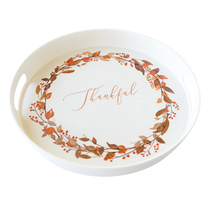 Thankful Wreath Reusable Bamboo Round Serving Tray