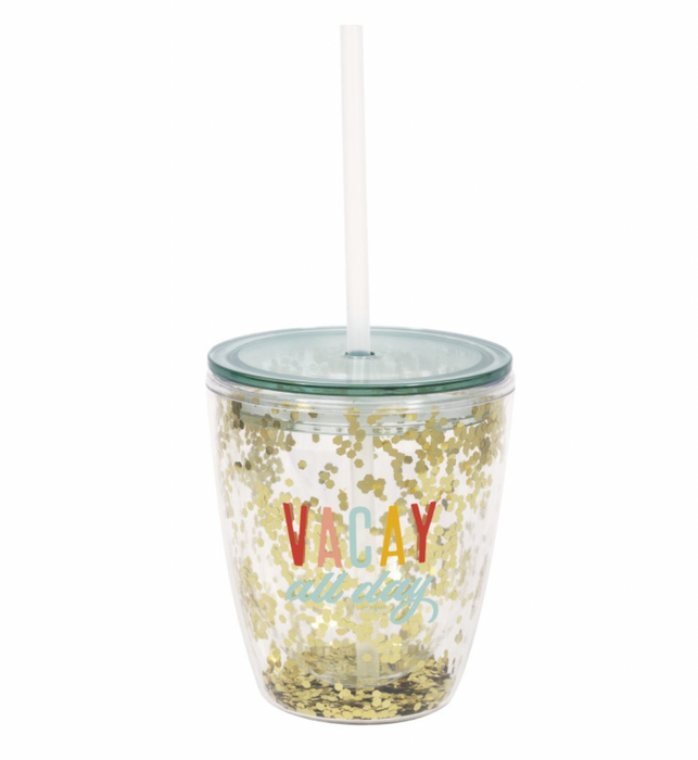 Poolside Summer "Vacay All Day" Glitter Plastic Tumbler with Straw