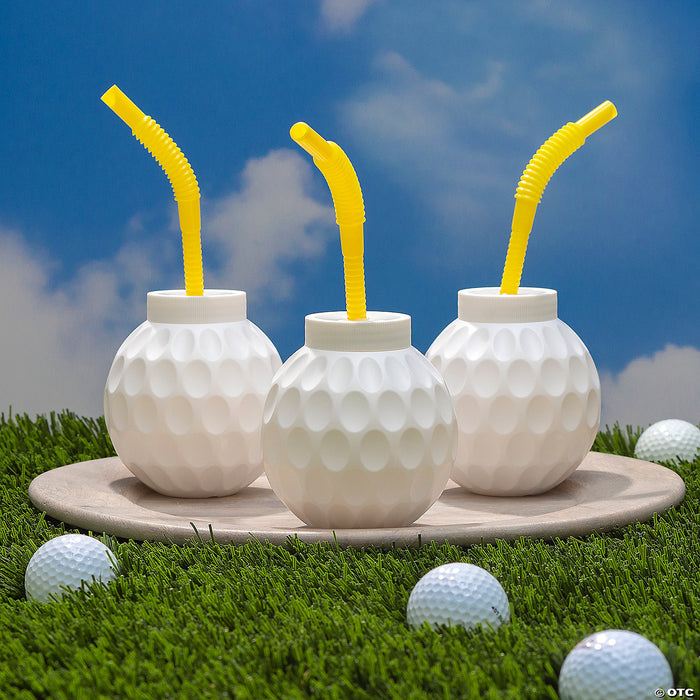 Golf Ball Reusable Plastic Cups with Lids & Straws