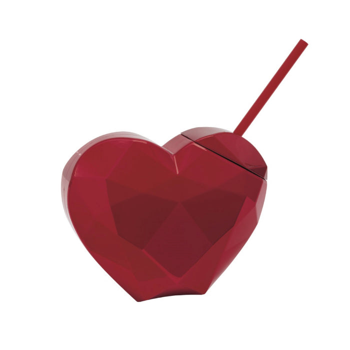 Red Metallic Faceted Heart Shaped 24oz Reusable Plastic Cup with Straw