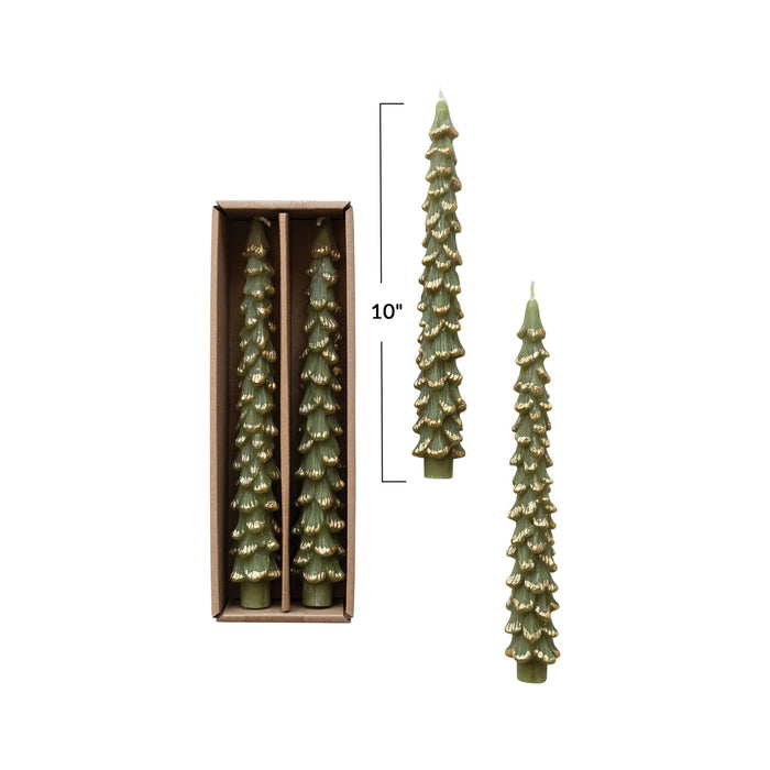 Evergreen Unscented Tree Shaped Taper Candles w/ Gold Tips