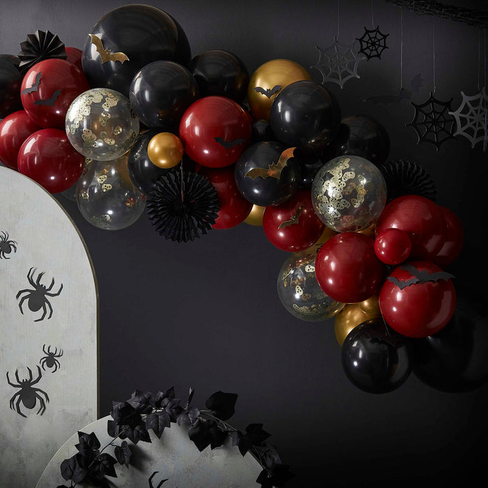 Gold, Black, and Deep Red Halloween Balloon Arch Kit with Cobwebs and Bats