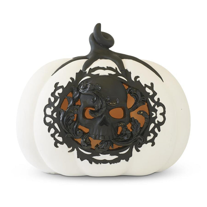 White & Black Led Pumpkin Filigree & Skull Cutout