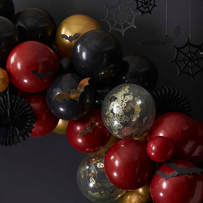 Gold, Black, and Deep Red Halloween Balloon Arch Kit with Cobwebs and Bats