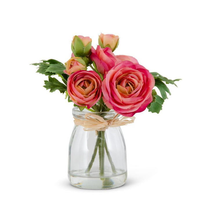6.75" Faux Pink Ranunculus Bouquet in Glass Jar