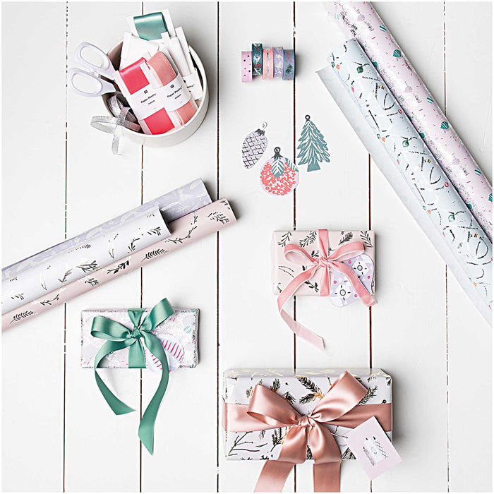 Pink Christmas Ornaments with Silver Foil Wrapping Paper