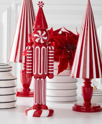 Red & White Striped Resin Trees on Pedestals