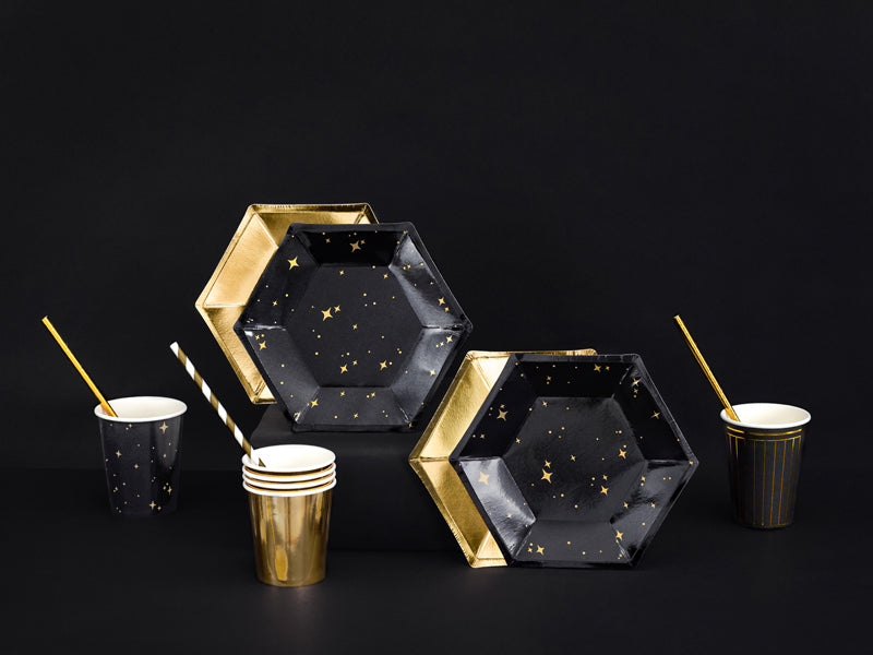 Black & Gold Star Hexagon Paper Plates
