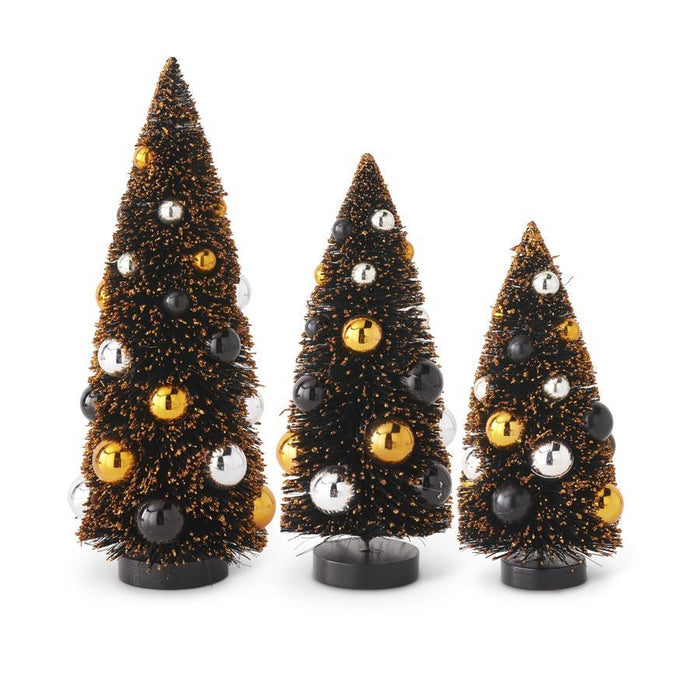 Black & Orange Bottle Brush Trees with Ornaments Set