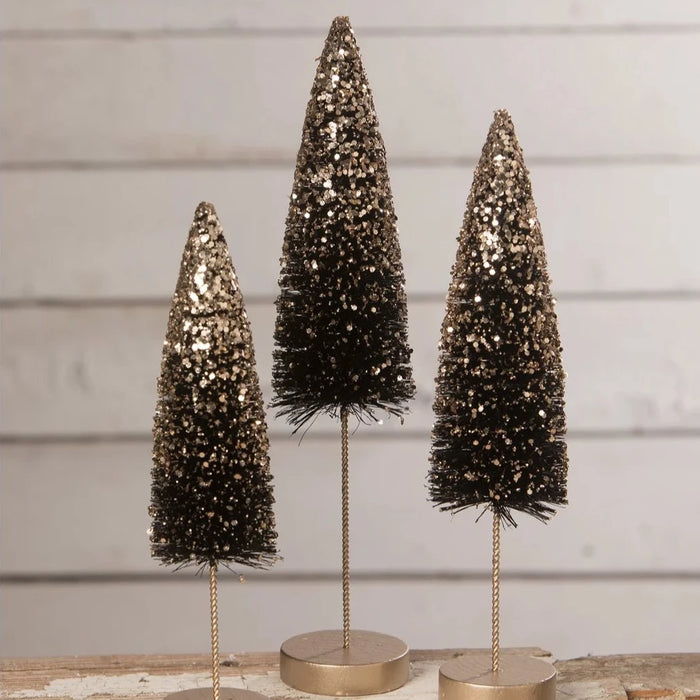 Black Bottle Brush Trees With Gold Glitter Set