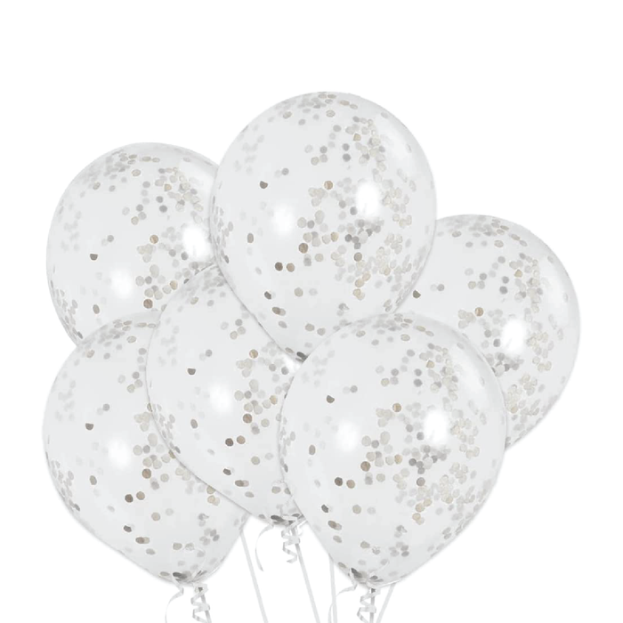 Silver Confetti Clear Latex Balloons