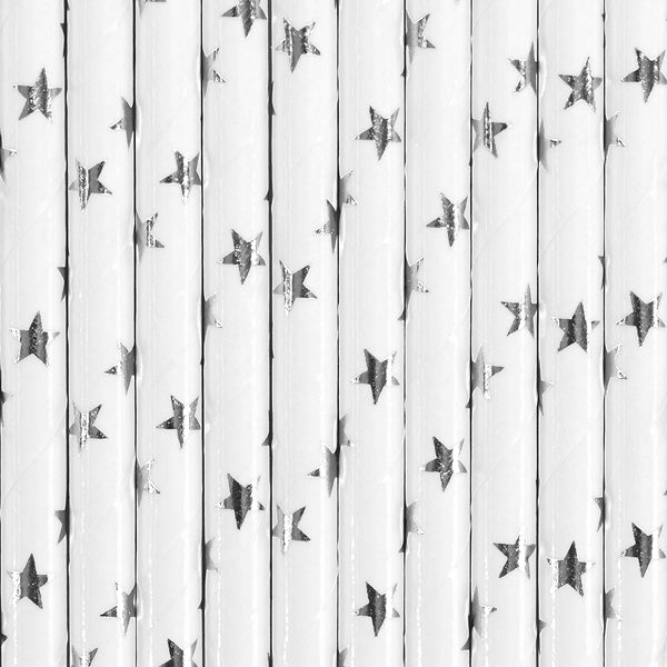 White with Silver Stars Paper Straws