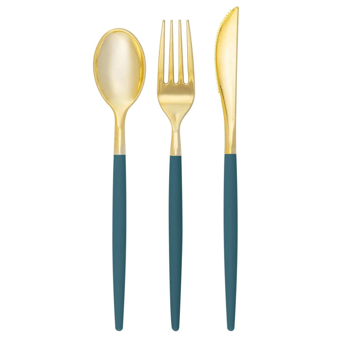 Teal & Gold Plastic Cutlery Set