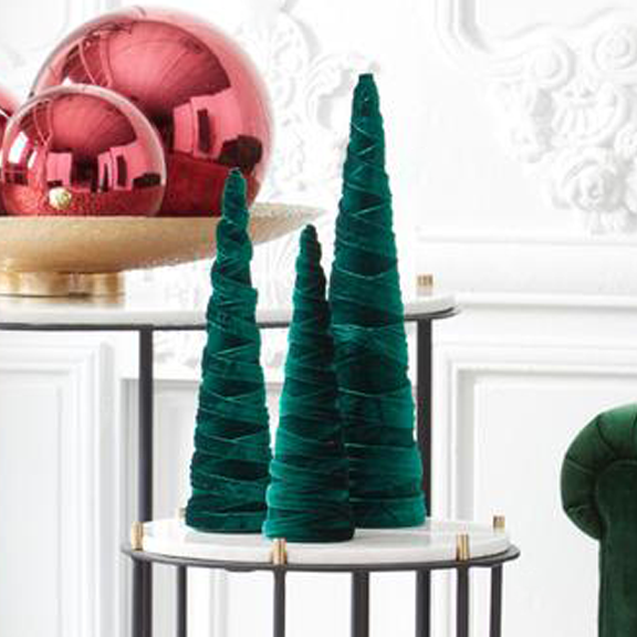 Dark Green Velvet Spiraled Fabric Cone Trees Set