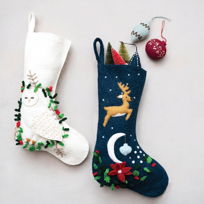 Wool Felt Stocking with Reindeer Embroidery