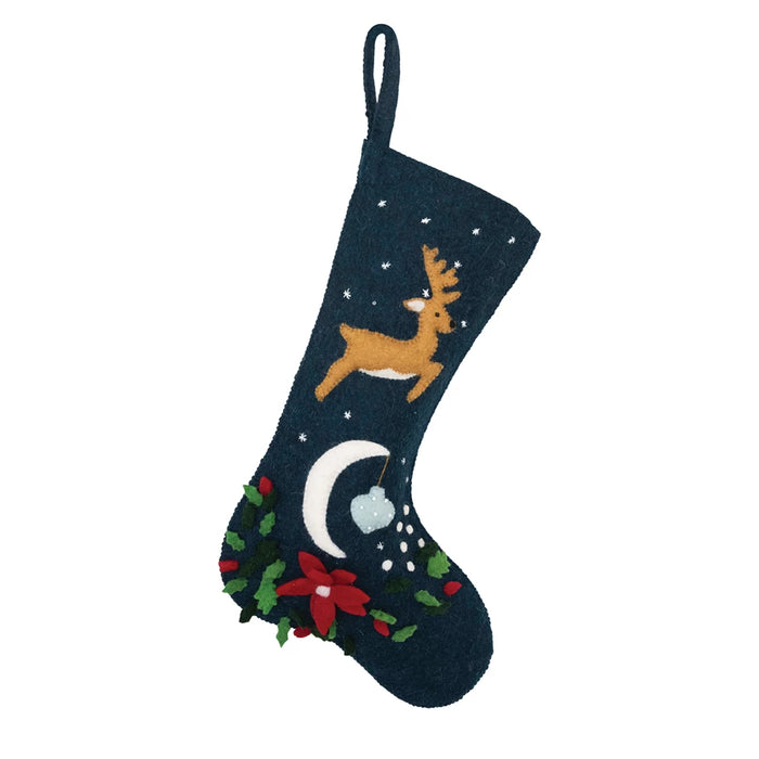 Wool Felt Stocking with Reindeer Embroidery